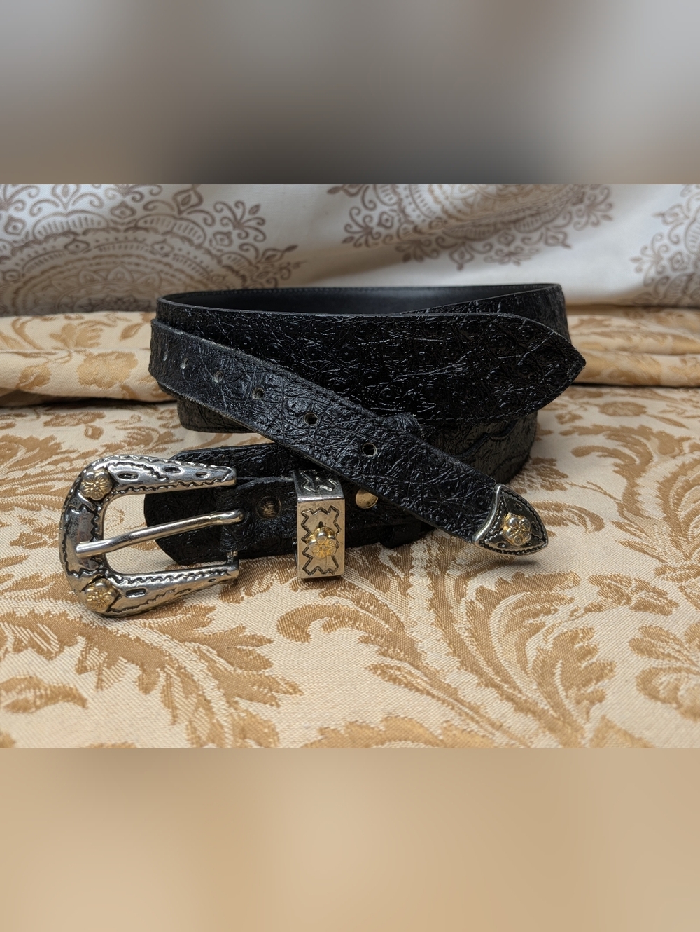 Women's Black Western Ranger Belt Two Tone Silver Yellow Gold Buckle 45" L